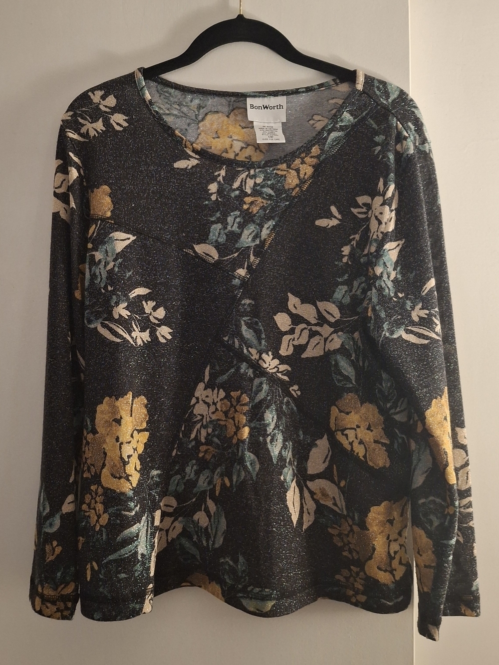 BonWorth Women's Black Floral Sparkle Long Sleeve Top